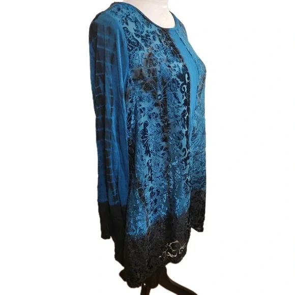 Chicos Zenergy 1 Women Velour Burnout Tunic Top Sz M Teal Long Sleeve Goth Boho - Picture 4 of 10
